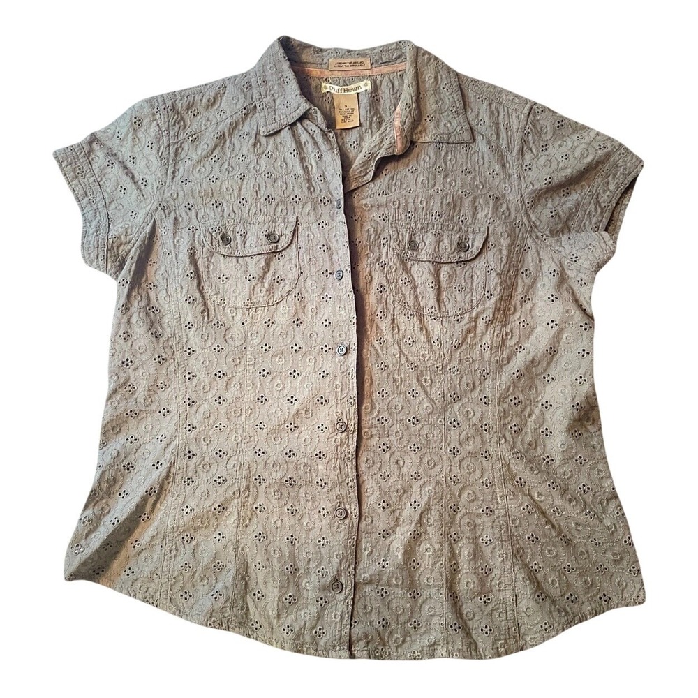 Ruff Hewn Eyelet Shirt Womens Small Gray Cotton Short Sleeve Button Down Blouse